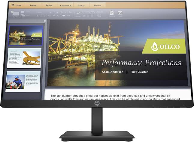 HP P224 21.5-inch FHD LED Anti-Glare Monitor with DisplayPort and HDMI connectivity, showcasing its sleek black design and tilt adjustment feature.